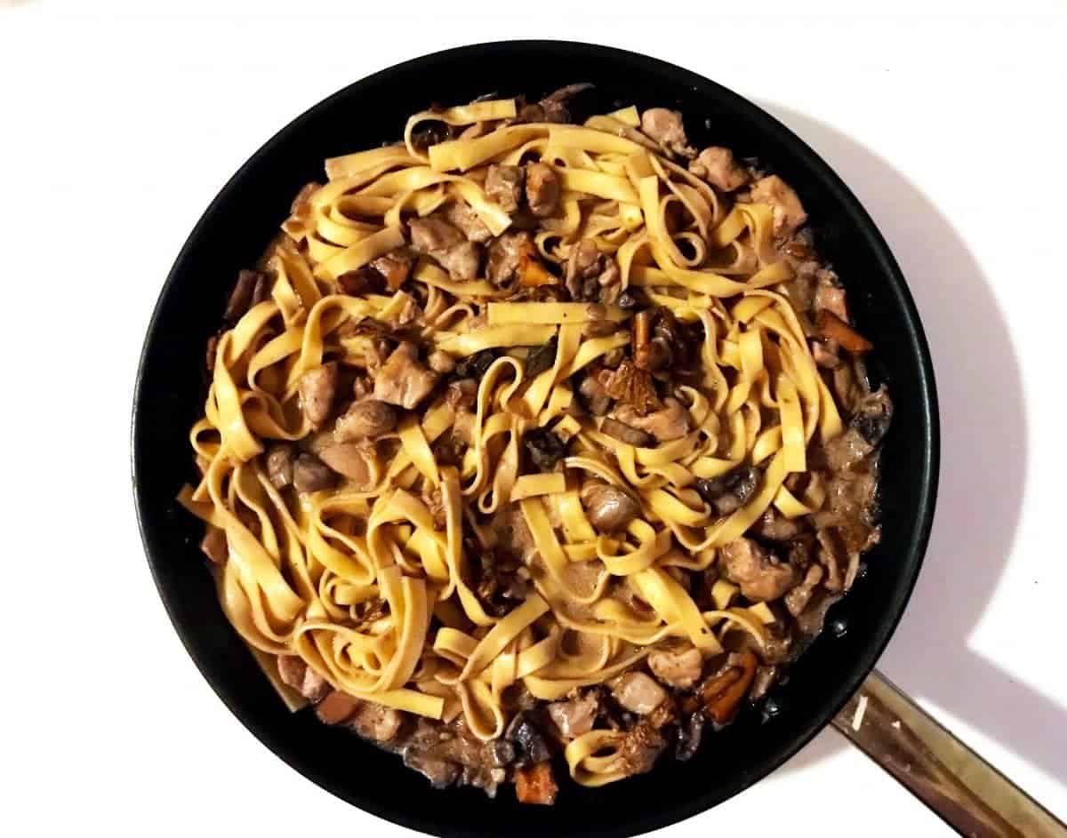 Creamy red wine chicken pasta with chanterelles and white button mushrooms in black pan on white surface