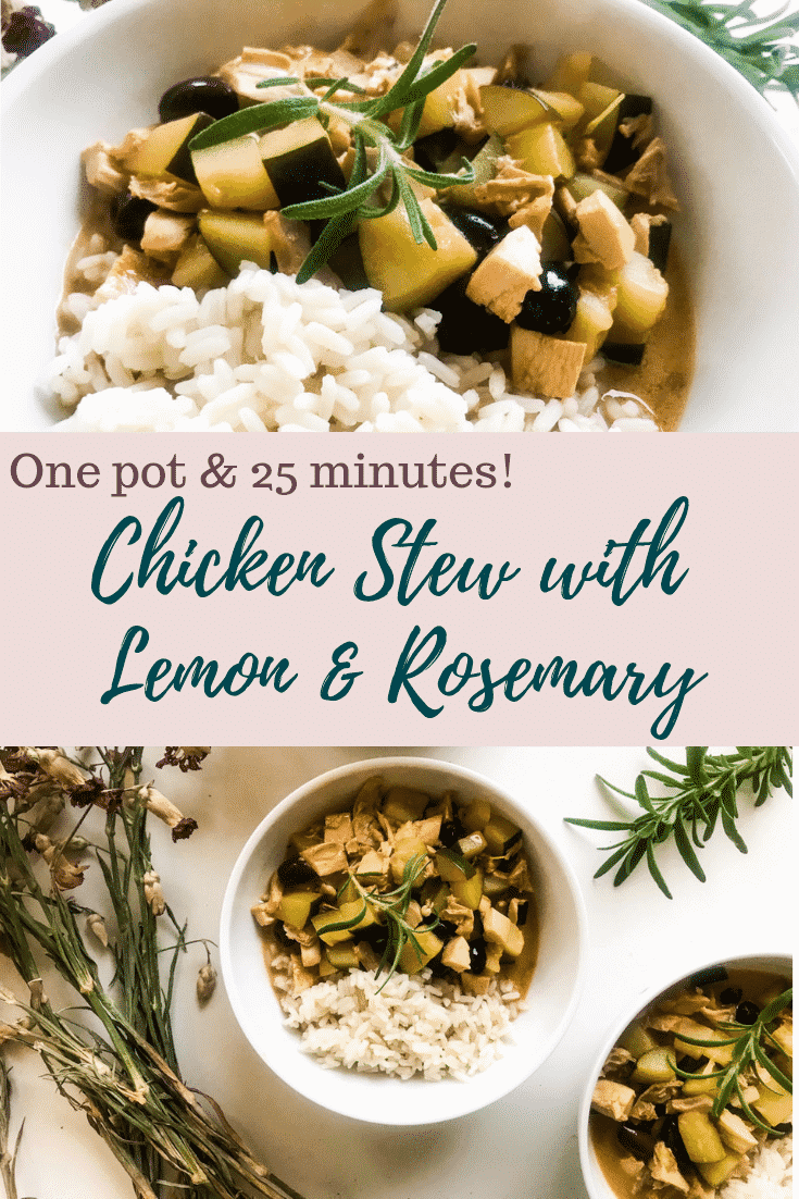 Quick Chicken Stew with Lemon & Rosemary - One pan & 25 minutes is all it takes to make this deliciously cosy and ridiculously simple Chicken Stew. Quick to make thansk to storebought grilled chicken, and full of favorite flavors such as lemon & rosemary. Perfect for a cold night curled up on the couch! #alwaysusebutter #chickenstew #quickrecipe #easyrecipe #onepot #chicken #lemon #thyme