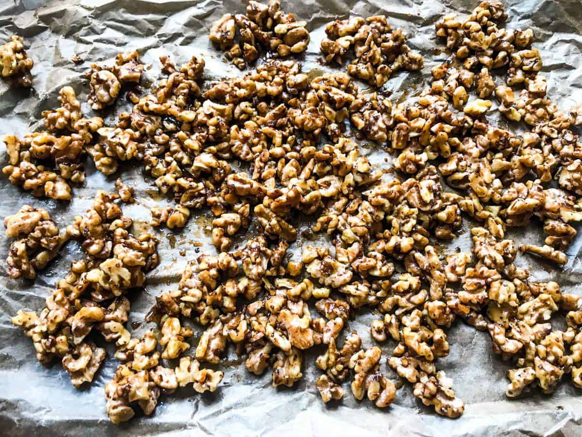 Candied walnuts for Cinnamon Buttered Apples & Salty Candied Walnuts with Vanilla Ice Cream