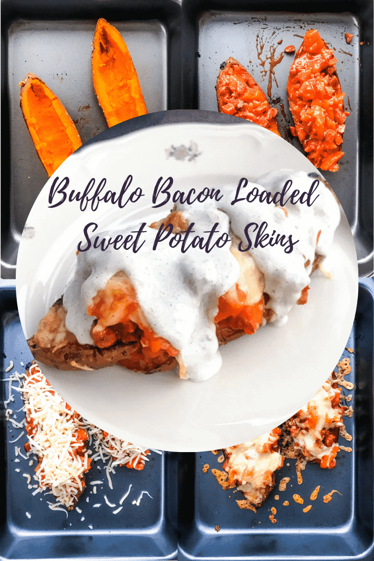 Buffalo Bacon Loaded Sweet Potato Skins are a deliciously indulgent and easy-to-make treat, filled with bacon drenched in buffalo sauce, baked with cheese on top and topped with the very best blue cheese sauce. #alwaysusebutter #buffalobacon #buffalosauce #loadedsweetpotatoskins #recipe