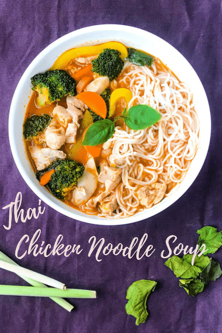Thai Chicken Noodle Soup is the best comforting combination of a classic chicken noodle soup and delicious thai flavors such as red curry, lemongrass, kaffir lime leaves and coconut milk. Quick and easy to make it's sure to become a favorite for curling up with on those cold fall & winter nights! #alwaysusebutter #chickennoodlesoup #redcurry #thaichickennoodlesoup #recipe #quickrecipe #easyrecipe #quick #easy