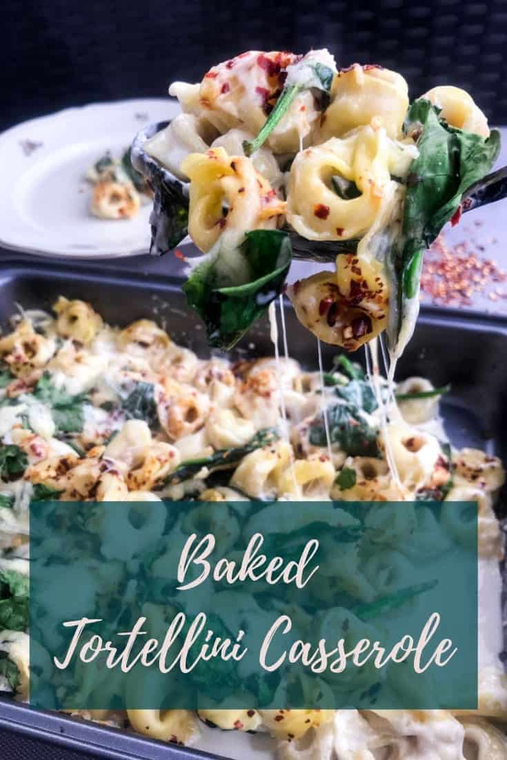 Baked Tortellini Casserole is easy & quick to make and mainly cooks itself, with very little prep. One of the best weeknight dinners & easy to make vegetarian! #alwaysusebutter #spinach #pastacasserole #recipe #tortellini #easy #quick