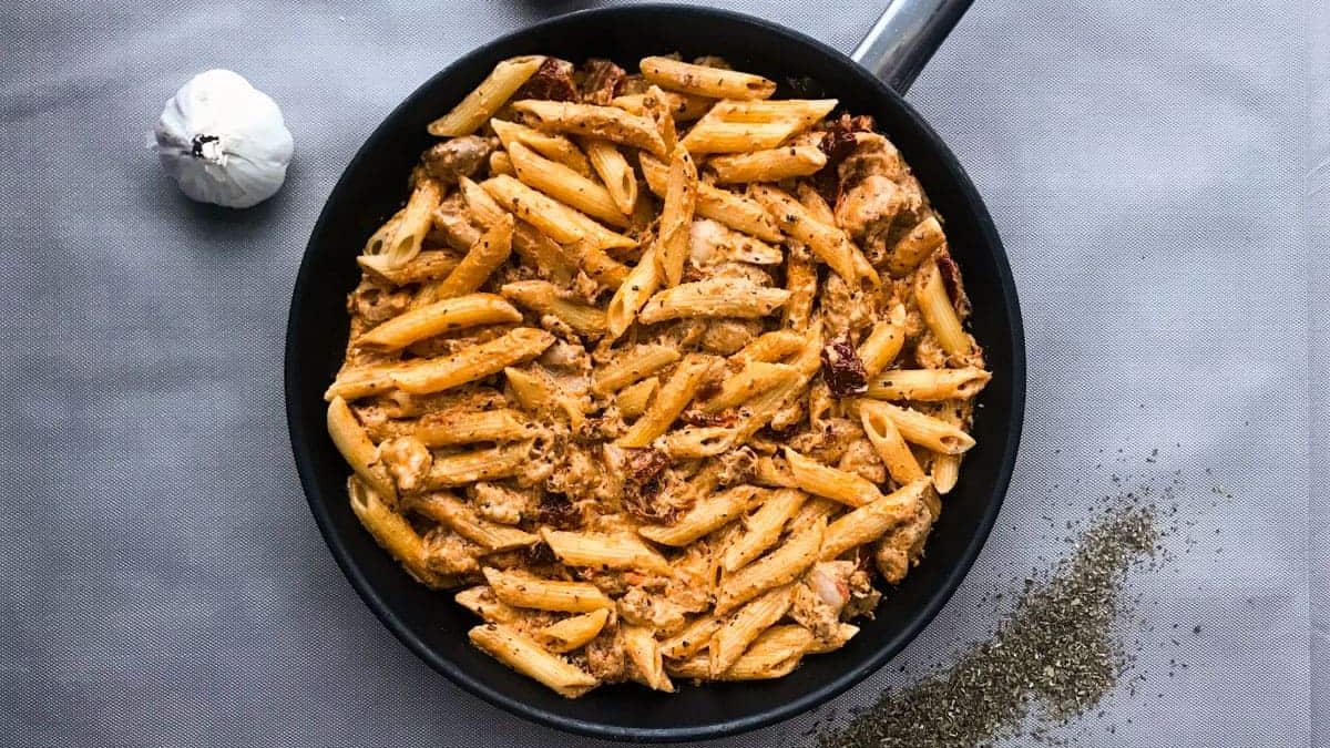 A skillet of pasta.