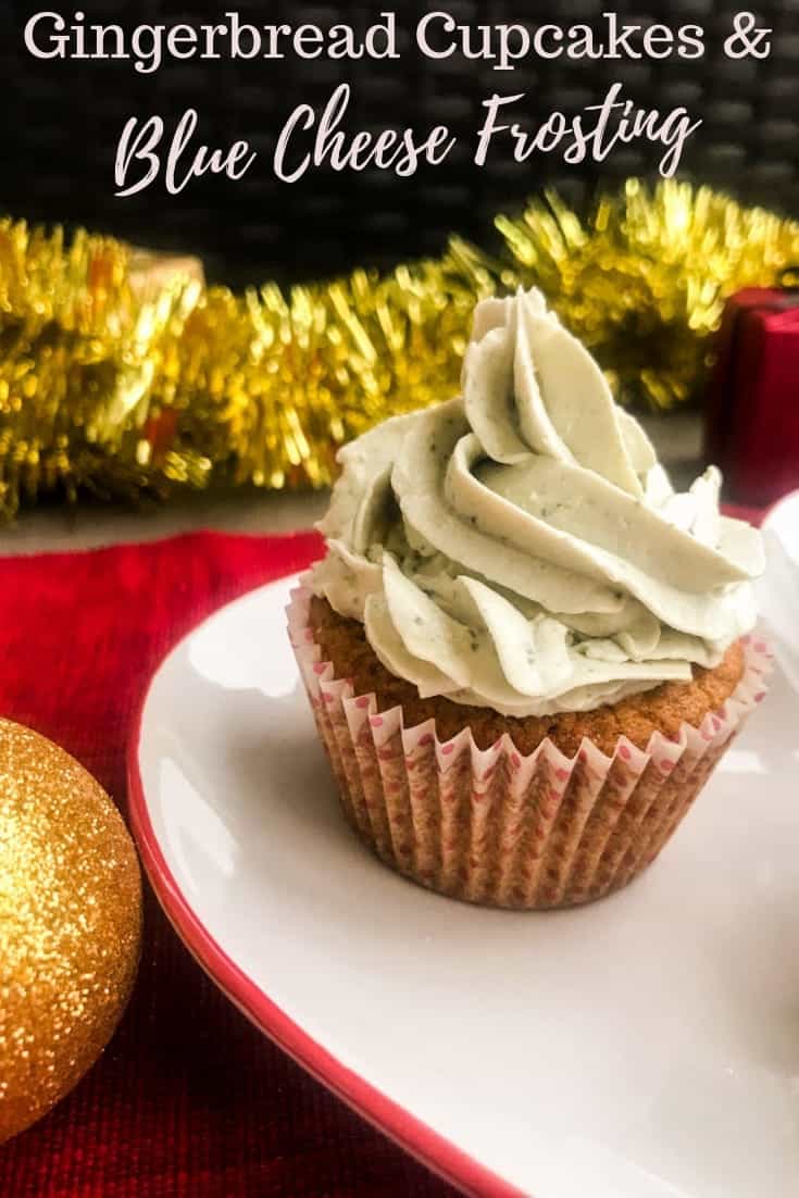 Gingerbread Cupcakes & Blue Cheese Frosting are the perfect mix of sweet & savory and just as perfect as hors-d'oeuvres as for dessert. #alwaysusebutter #cupcakes #holidayrecipes #christmasrecipes #bluecheese #creamcheesefrosting #gingerbread