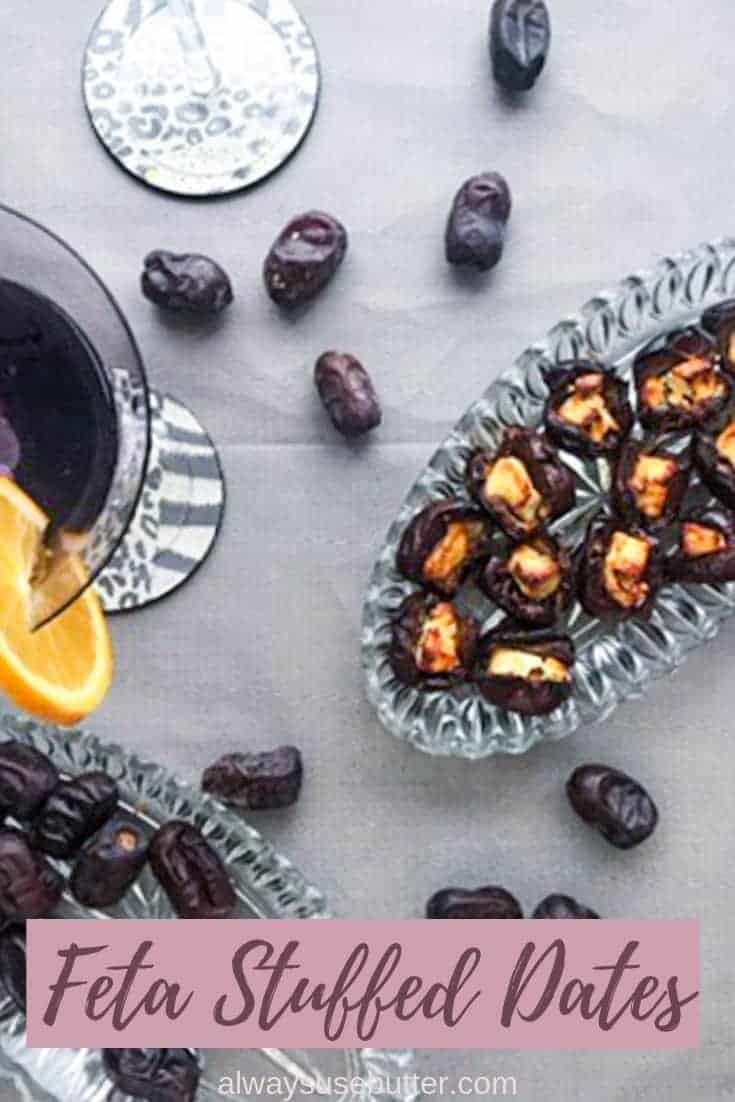 Feta Stuffed Dates are the perfect vegetarian mix of sweet and savory that will be a sure hit at your next dinner party, or why not include them in a tapas spread? Super easy to make they're a dish you'll be making over and over - and while you have the dates out, why not make their favorite companion Bacon Wrapped Dates as well? #alwaysusebutter #dates #fetacheese #dinnerparty #tapas #christmas #holidays #snack