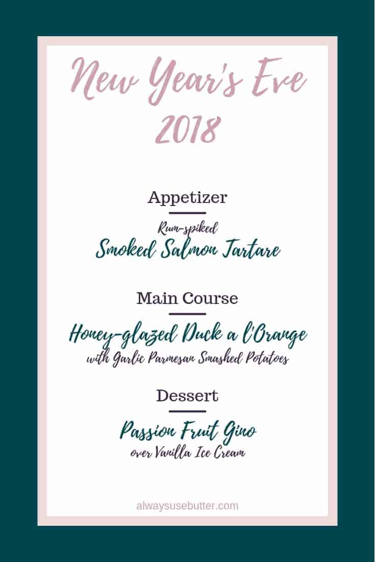 printed new years eve menu with three courses