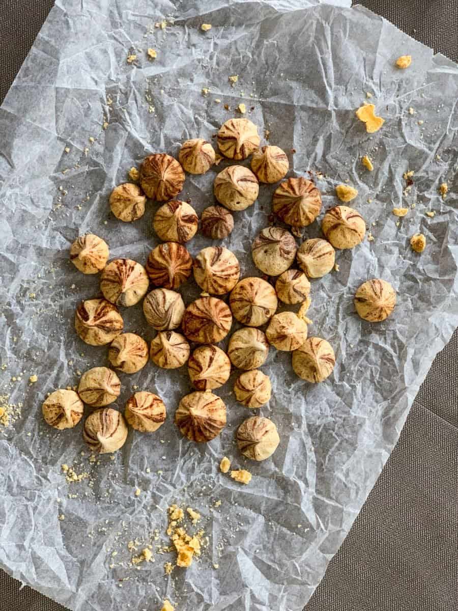 top down view of chocolate salted caramel meringues