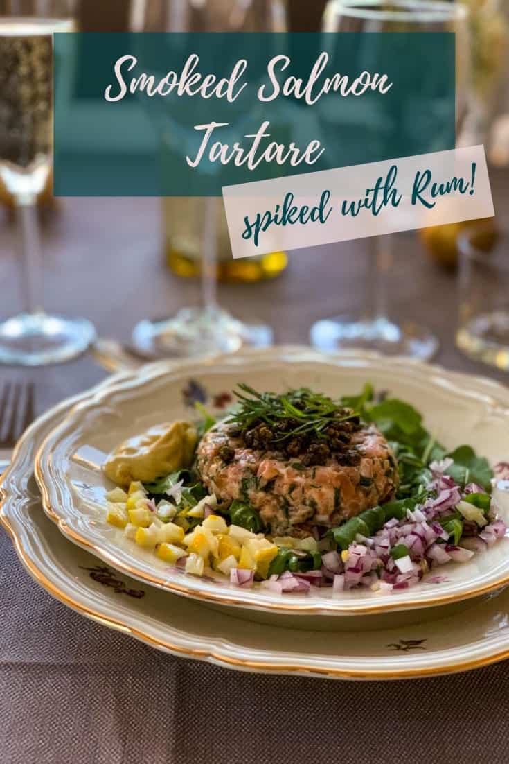 Rum-spiked Smoked Salmon Tartare topped with fried capers is the perfect quick & easy make ahead appetizer for New Year's Eve - flavor-packed, delicious & sophisticated! Made from fresh & smoked salmon and seasoned with french dijon mustard, rum, dill, parsley, lemon and red onion it's perfect with a glass of extra dry Champagne. #alwaysusebutter #salmontartare #smokedsalmon #newyearseve #appetizer #gluten-free #lactose-free #starter via @alwaysusebutter