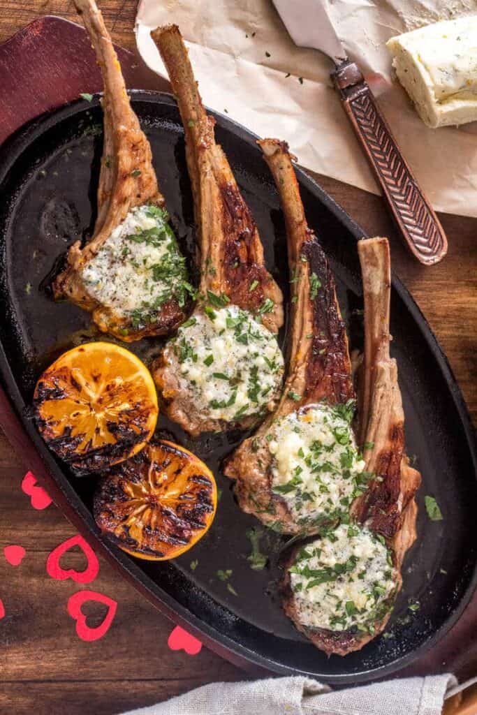 grilled lam chops topped with blue cheese