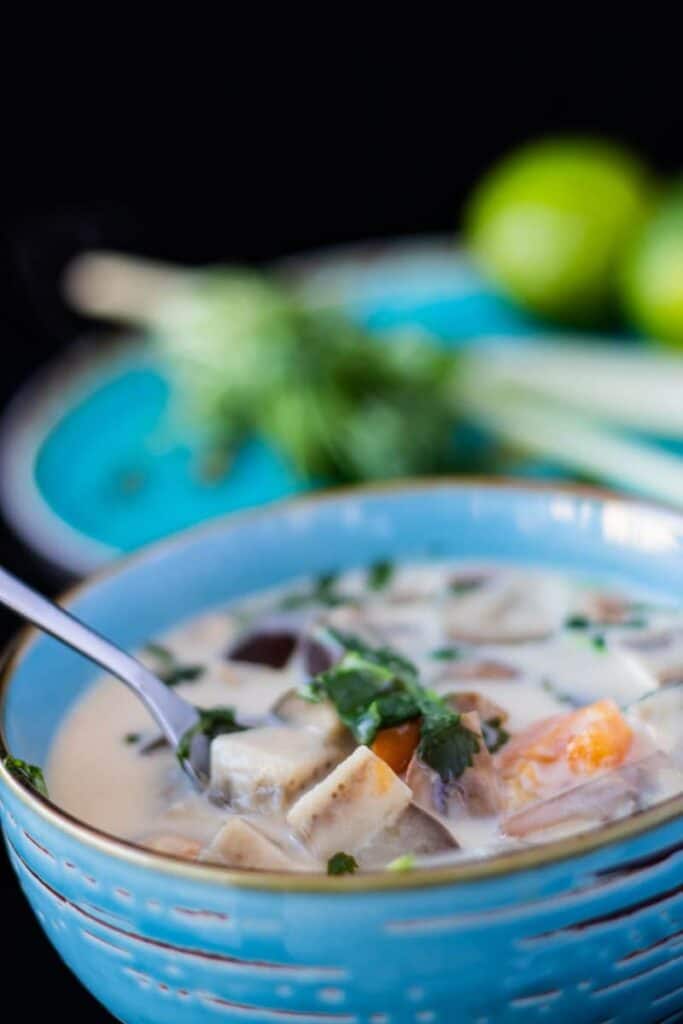 close up side view of thai ginger coconut soup with a spoonful of soup