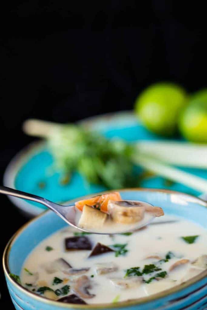 close up side view of thai ginger coconut soup with a spoonful of soup