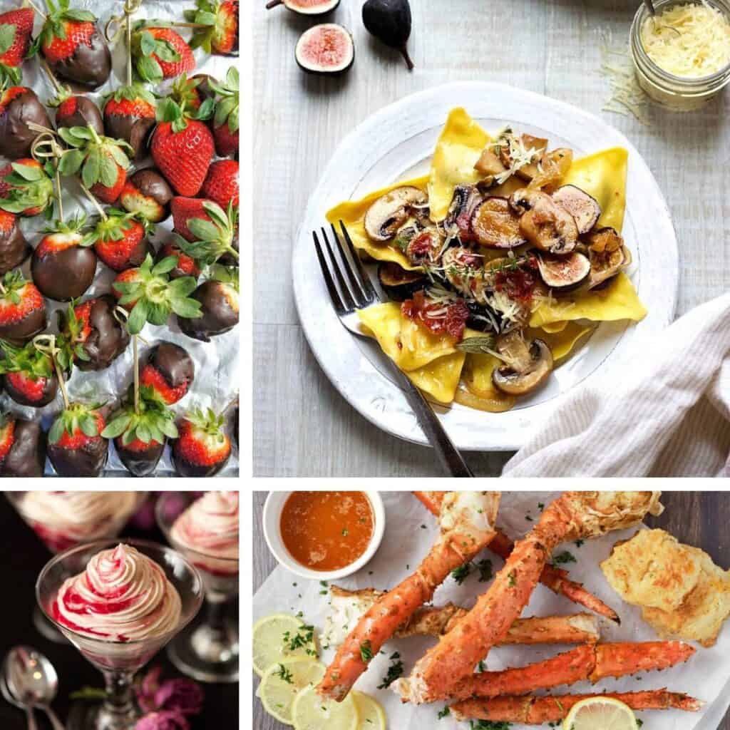 collage showing four dishes perfect for valentines day