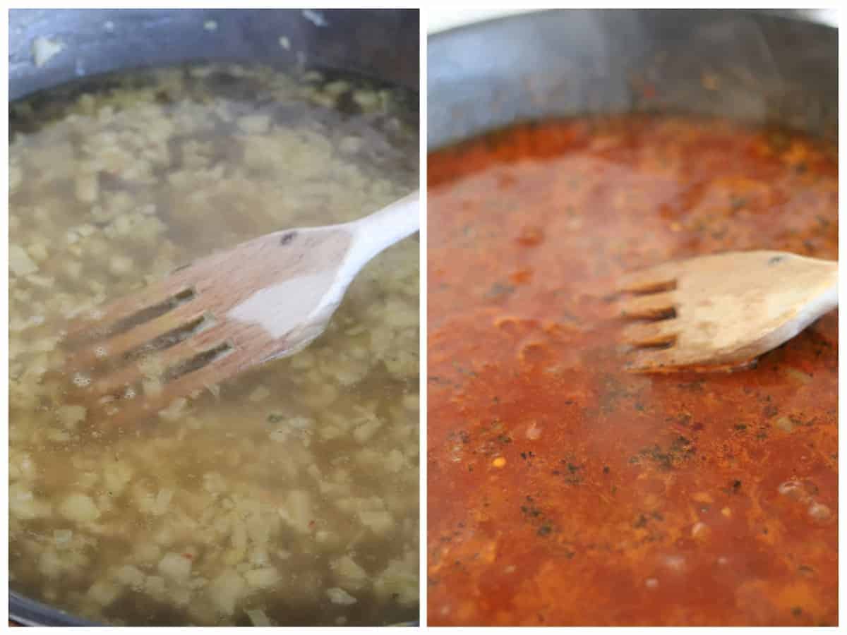 two pictures showing how to make the sauce base for vegan lentil soup