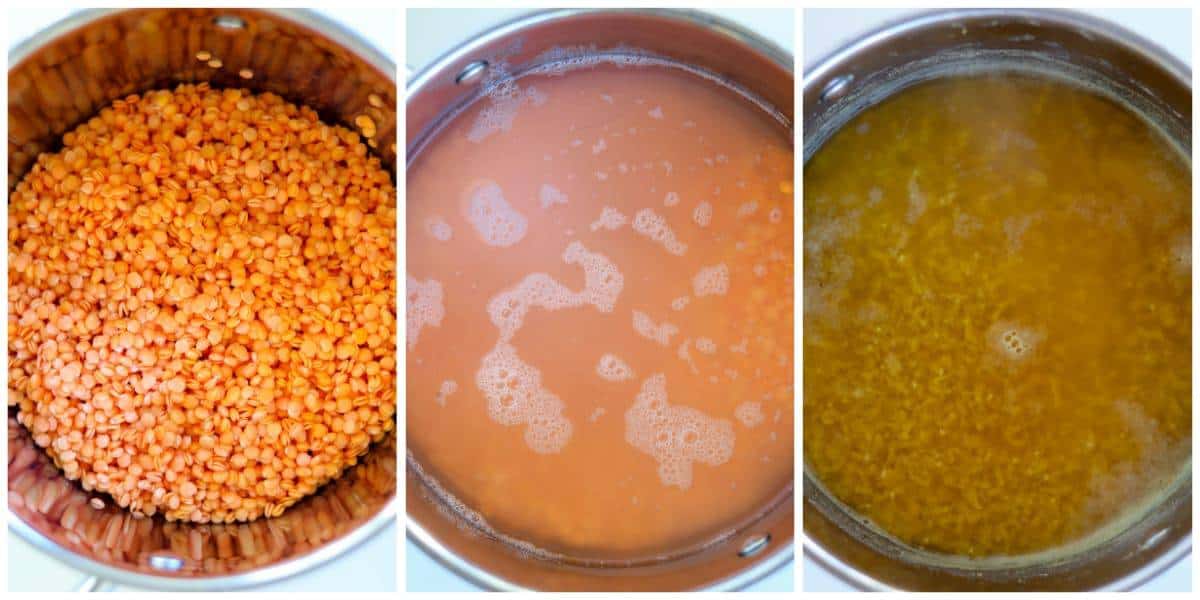 three pictures of lentils: from left to right soaked & drained lentils, lentils covered in water and cooked lentils