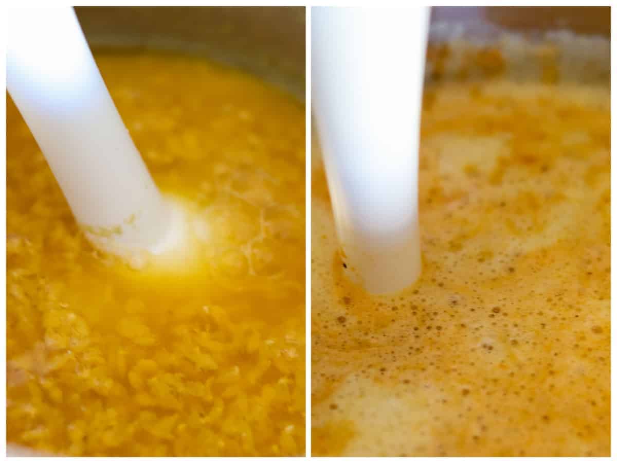 two pictures showing vegan lentil soup being mixed