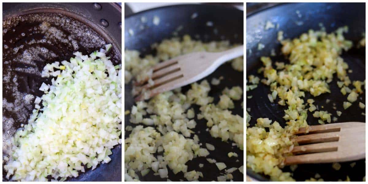 three pictures showing frying the onion for vegan lentil soup