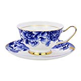 ACOOME Tea Cup with Saucer Sets Blue and white 6.8oz Vintage Bone China Peony Flower Tea Cup