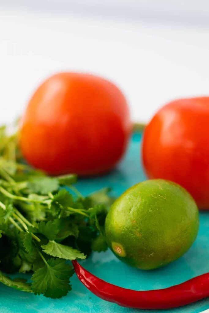 side view of two tomates, one lime, cilantro and a chili