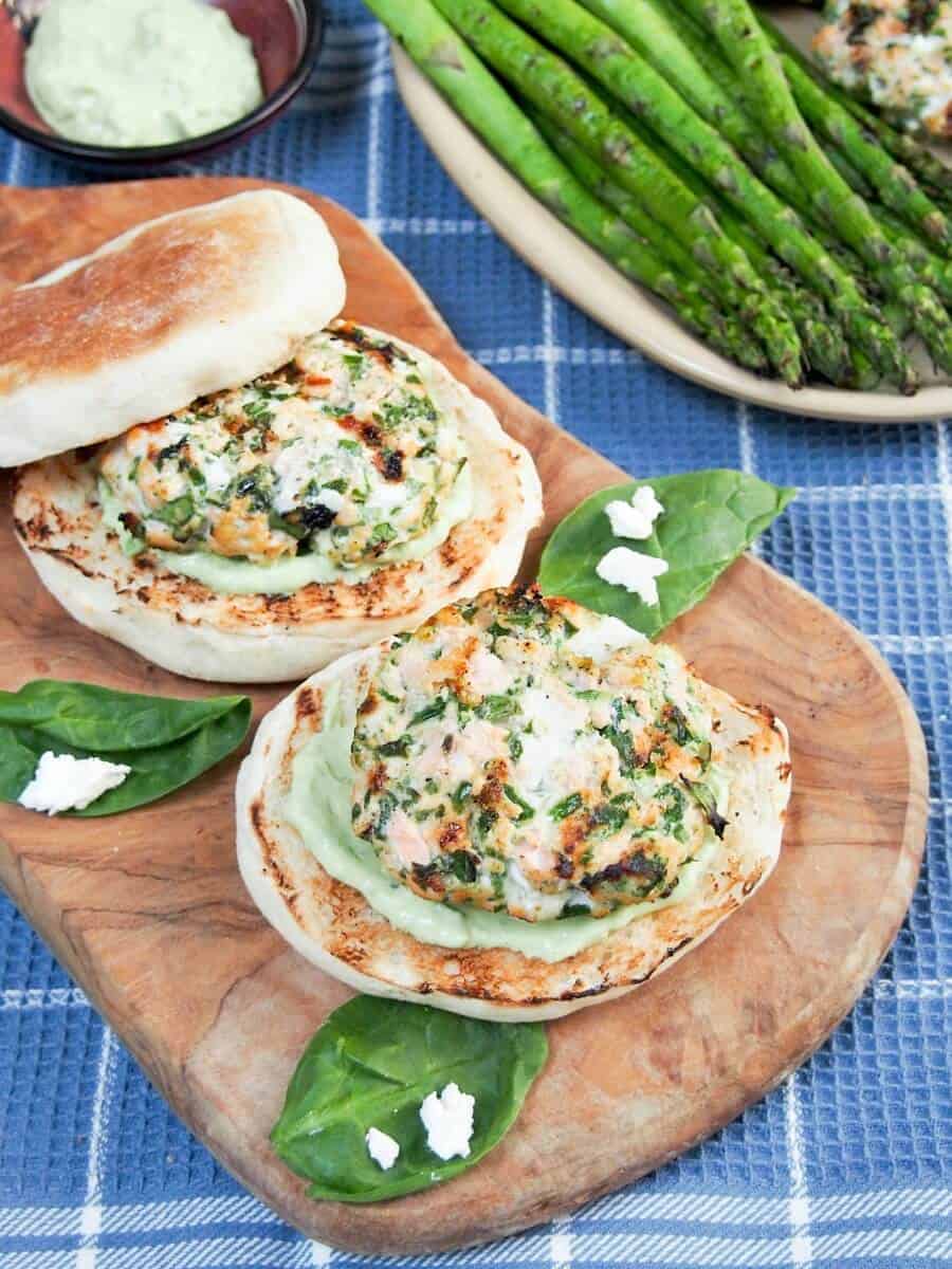 Spinach feta salmon burger