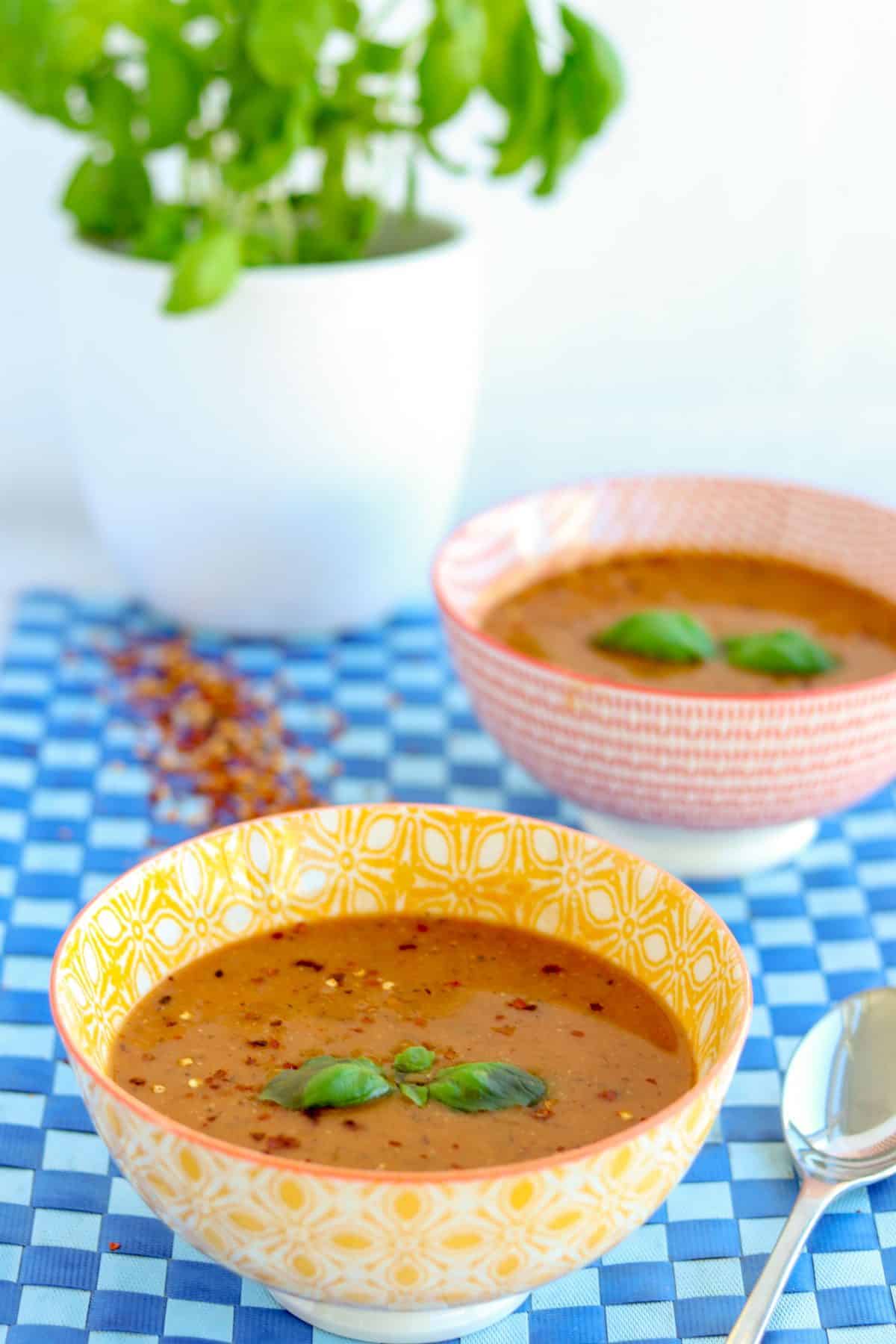 two bowls of vegan lentil soup with a basil plant in the background