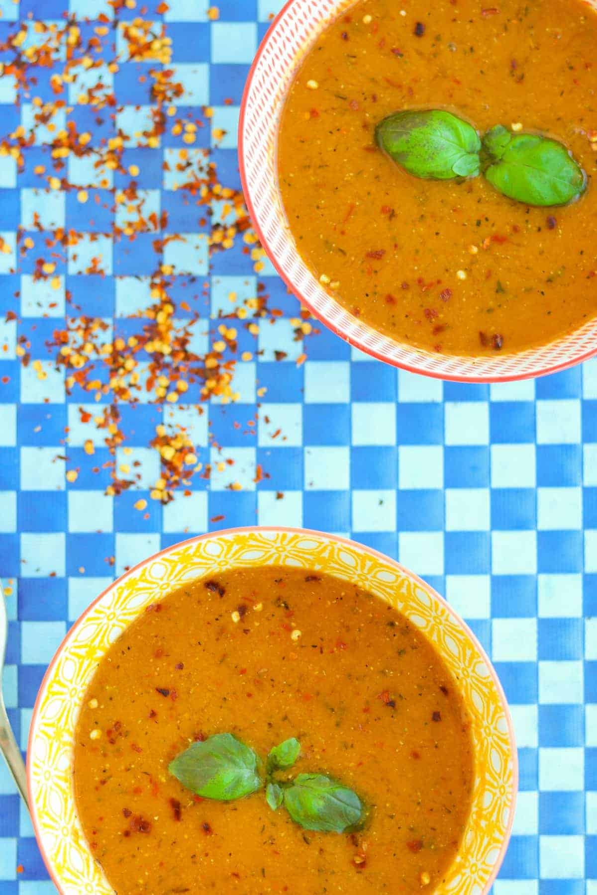two bowls of vegan lentil soup 