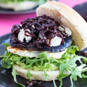 portobello mushroom burger with halloumi and caramelized onions