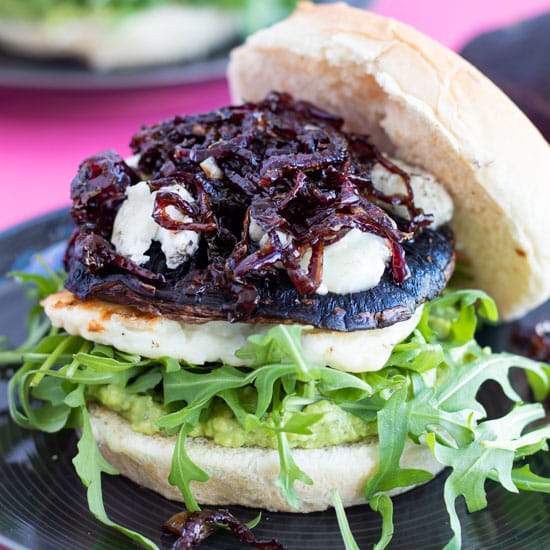 Portobello Mushroom Burgers With Halloumi Caramelized Onions