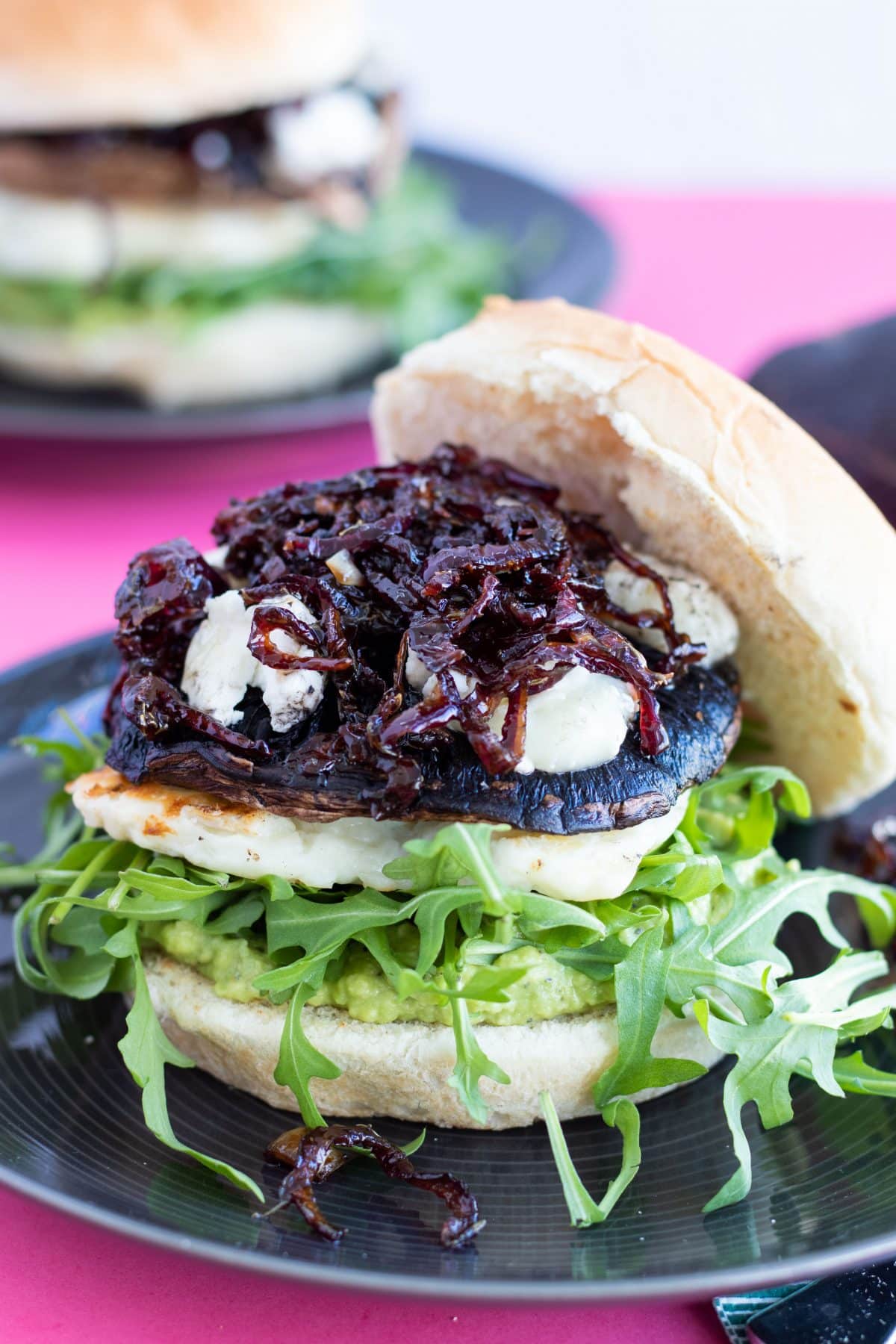 Halloumi Burgers with Portobello, Chèvre & Caramelized Onions