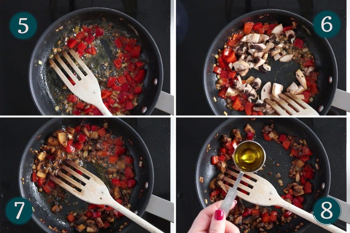 steps 5-8 of making shakshuka: frying bell peppers and mushrooms and adding olive oil