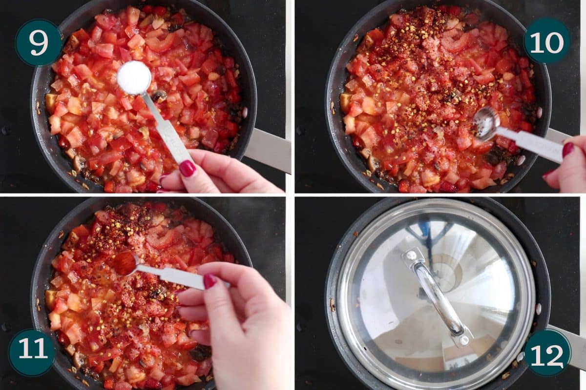 steps 9-12 of making shakshuka: adding tomatoes and spices and covering to simmer