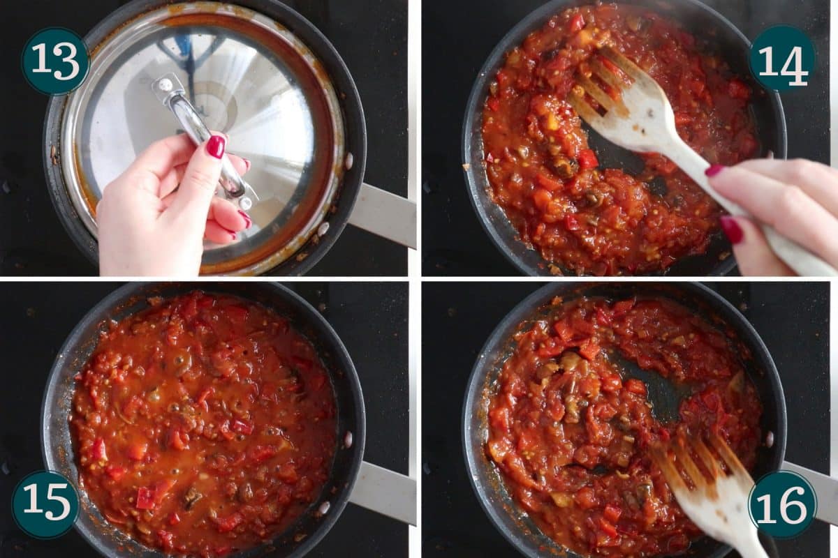 steps 13-16 of making shakshuka: removing the lid and letting some water evaporate