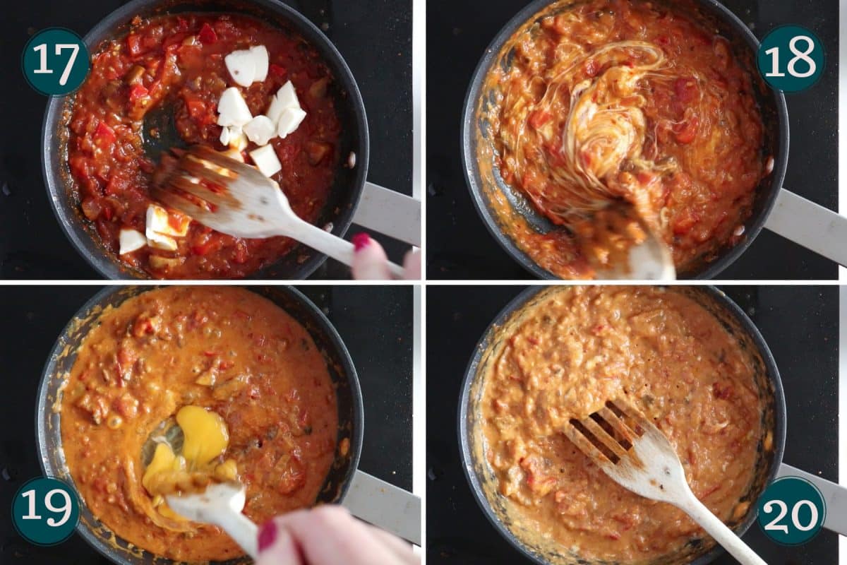 steps 17-20 of making shakshuka: mixing in mozzarella cheese and egg