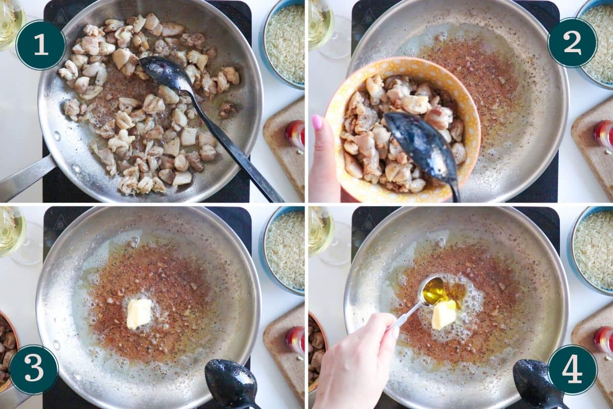 process shot showing step 1-4 of making paella: frying chicken, removing it from the pan & adding oil and butter