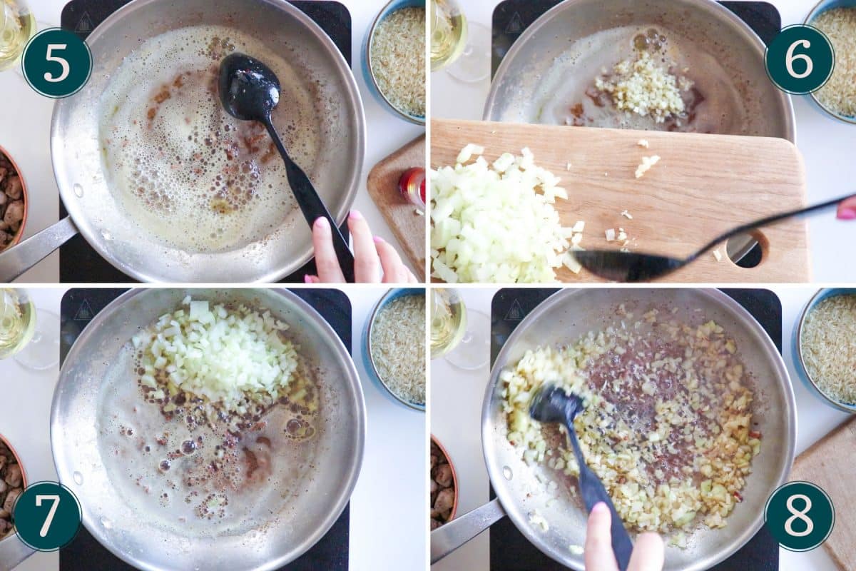 process shot showing step 5-8 of making paella: frying garlic and onion