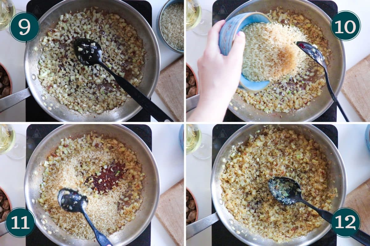 process shot showing step 9-12 of making paella: finishing frying garlic and mixing in rice