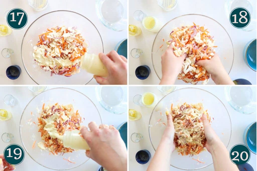 process shot showing how to make raw cauliflower salad