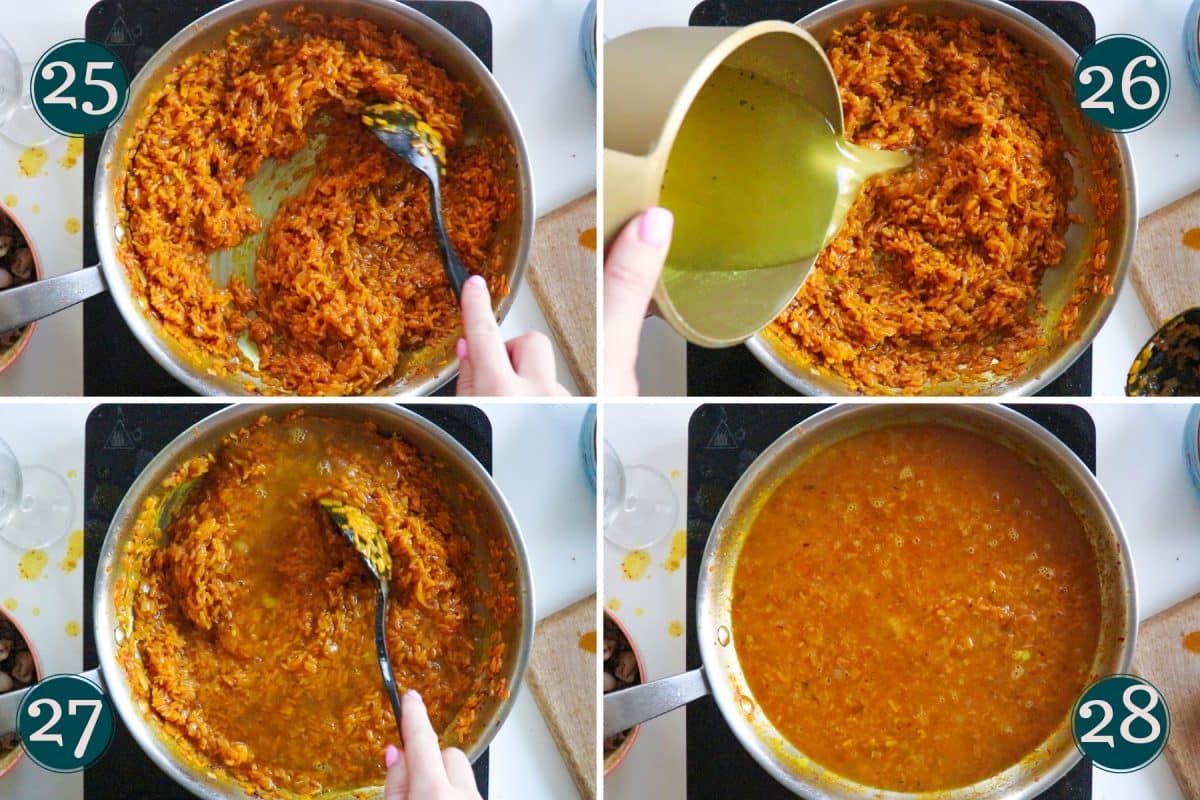 process shot showing step 25-28 of making paella: mixing and adding more chicken stock