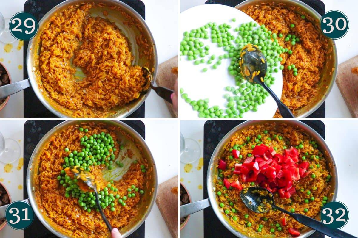 process shot showing step 29-32 of making paella: adding peas and red bell pepper