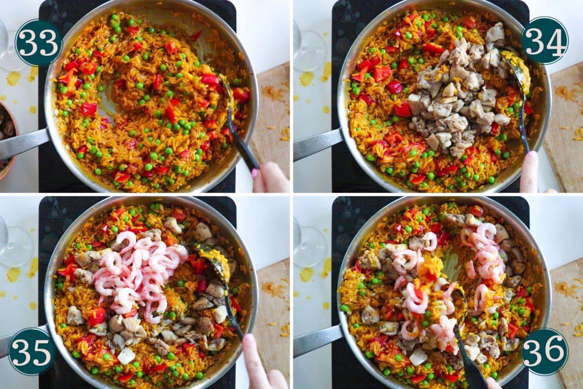 process shot showing step 33-36 of making paella: mixing and adding chicken and shrimp