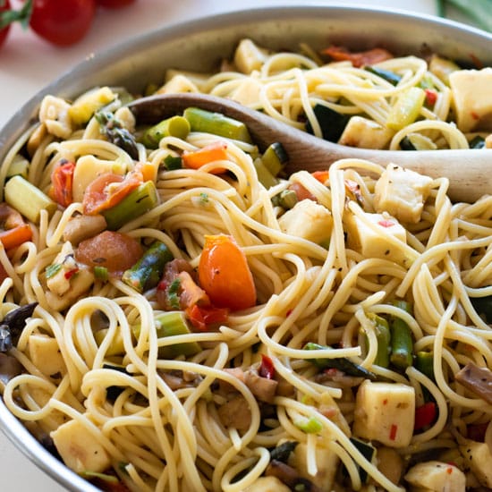 closeup sideview of pasta primavera