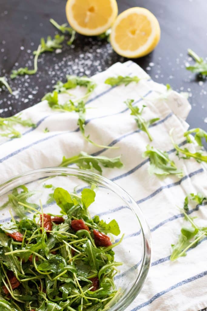Arugula Salad with Sundried Tomatoes & Honey Lemon Vinaigrette