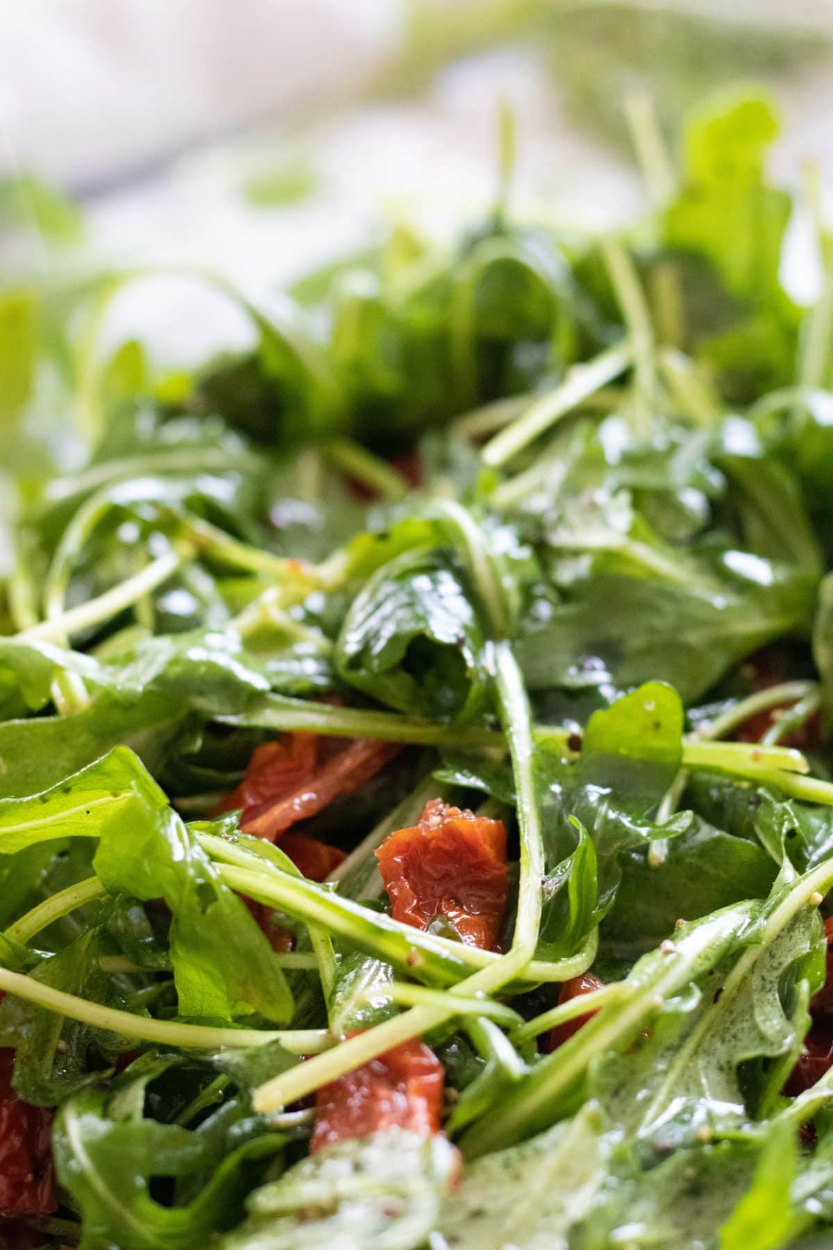 closeup of arugula and sun-dried tomato salad