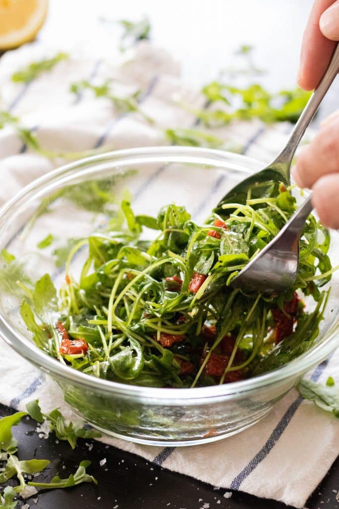 Simple Arugula Salad with Sundried Tomatoes & Honey Lemon Vinaigrette