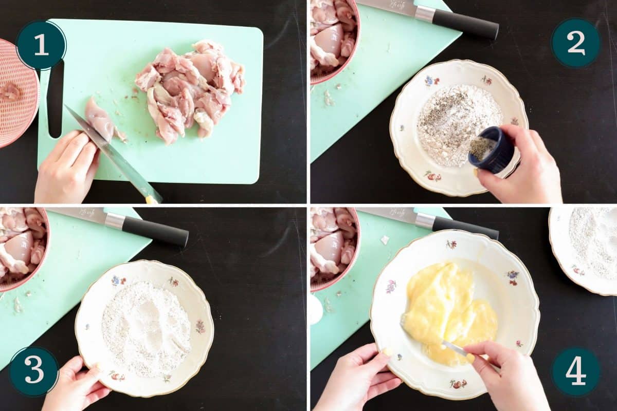 process shots showing how to prepare for breading chicken tenders