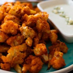 buffalo cauliflower bites and blue cheese sauce