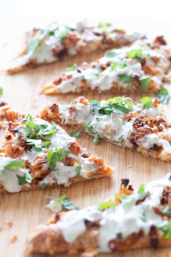 puff pastry pizza with buffalo cauliflower and blue cheese sauce