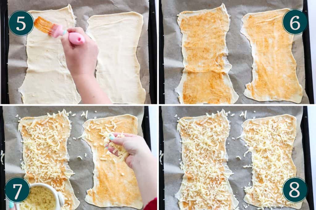 step 5 to 8 - topping puff pastry with buffalo sauce and shredded cheese