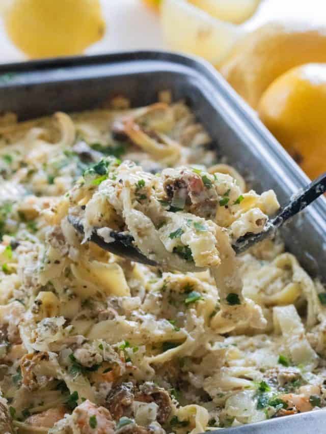 a spoonful of baked seafood pasta