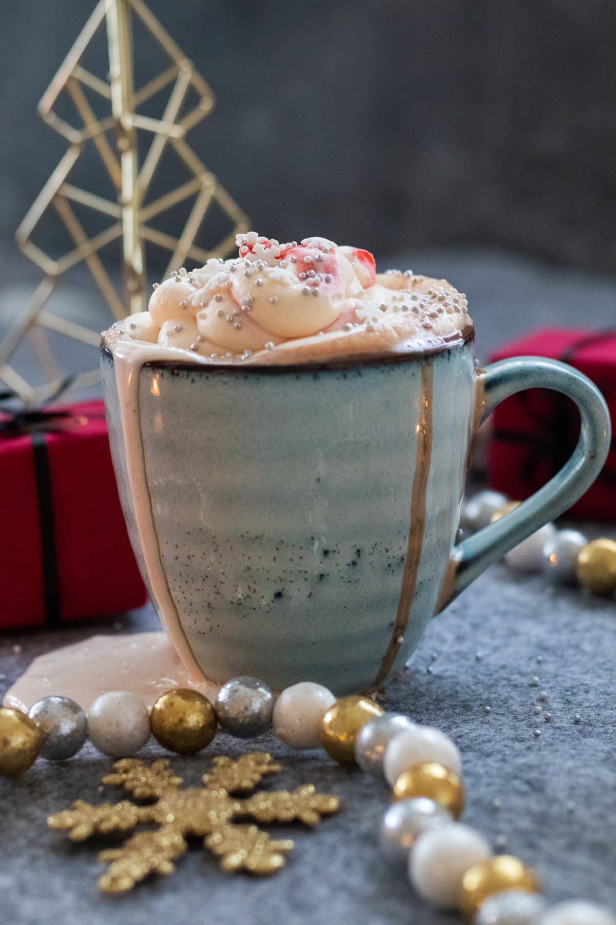 side view of christmas hot chocolate.