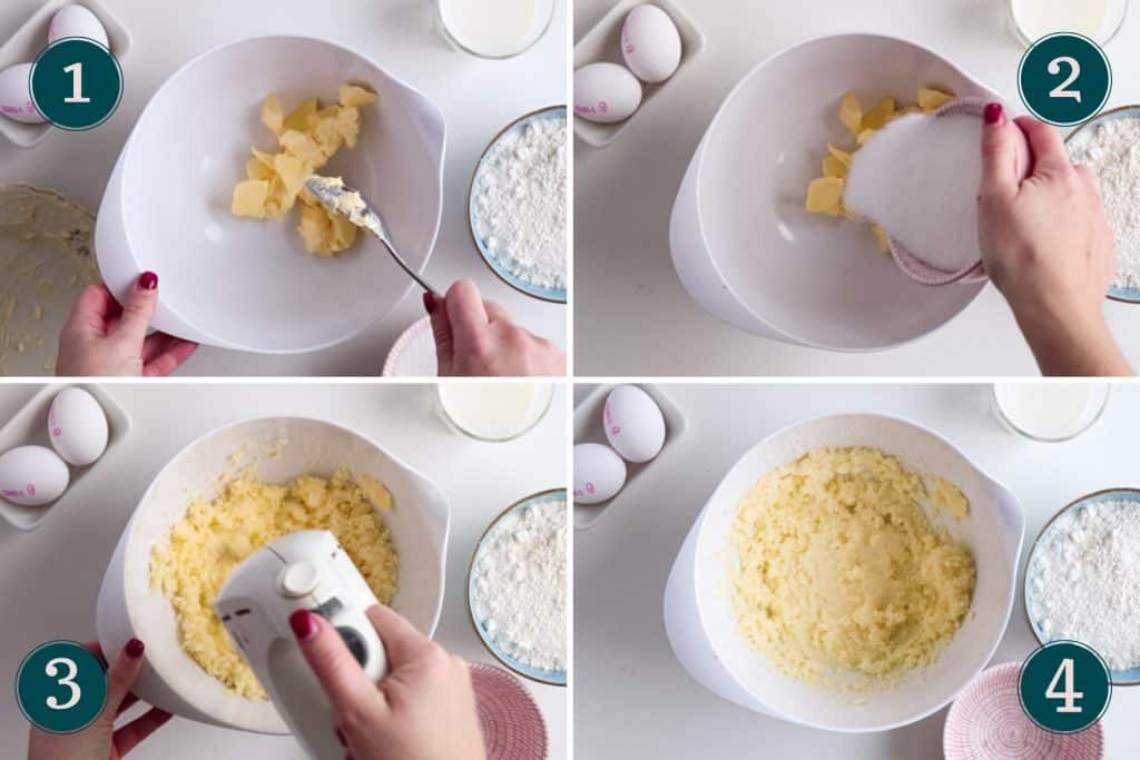 collage showing how to mix together butter and sugar